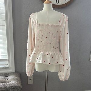 Heart Print Smocked Blouse - White and Red